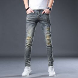 Hip Hop Men Skinny Fit Stretch Retro Blue Distressed Ripped Jeans Pants Casual Destroyed Vintage S Trousers Frayed Rip