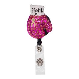 In stock Key Rings 10pcs lot Crystal Rhinestone Pink Breast Cancer Awareness Boxing Gloves Retractable Badge Reel ID Holder308x