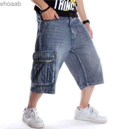 Men's Pants Summer Men's Loose Multi Pockets Cargo Denim Shorts Hip Hop Wide Leg Jeans Street Skateboarding Capris Shorts Plus Size 44 46 YQ231201