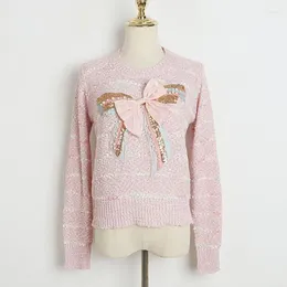 Women's Sweaters Autumn Sweet Knitted Pink Sweater Pullover Handmade Beaded Sequins Mix And Match Korean Long Sleeve O-Neck