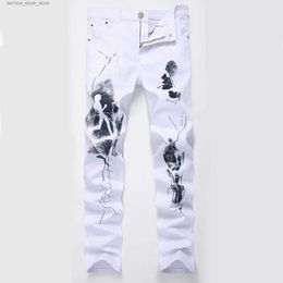 Men's Pants Fashion Painted Denim Slim Fit White Jeans Men Hip Hop Elastic Casual Cowboys Pants Mens Printing Streetwear Jean Trousers Q231201