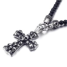 Fashion Punk Rock Black Glass Bead Skull Pendant Necklace For Men Women Stainless Steel Cross Necklaces & Pendants 50CM Long Jewel266h