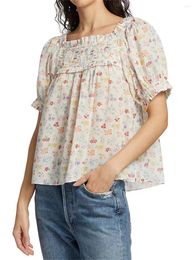 Women's Blouses 2023 Summer Women Ruffled Trim Colorful Floral Printed Blouse Ladies All-Match Square Collar Puff Sleeve Loose Casual Shirt