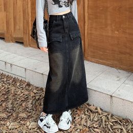 Two Piece Dress Rimocy High Waisted Cargo Denim Skirt Women 2024 Spring Mid Length A Line Woman Korean Style Pocket Y2K Long Skirts Ladies 231201