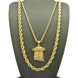 HIP HIP ICED OUT JESUS FACE PENDANT W 24 10mm 30 ROPE CHAIN NECKLACE SET 2 PCS Necklace Set Rapper Accessories243C