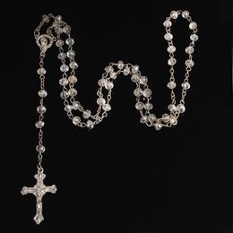 24pcs whole 6mm crystal rosary necklace Catholic Holy Land Cross Prayer Necklace315f