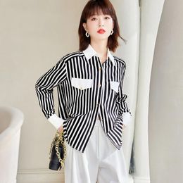Women's Blouses Black And White Stripe Spliced Long Sleeve Shirt Women Tops Spring Autumn Vintage Elegant Casual Loose Office Lady Blouse