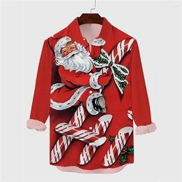 Men's Casual Shirts Hawaiian Christmas Themed Santa Tree Shirt Retro Tops 3d Printed Flower Long Sleeve Clothing Holidays