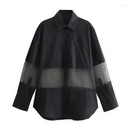 Women's Blouses Organza Spliced Shirts For Women Black Oversized Shirt Woman Lapel Button Up And Long Sleeve