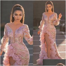 Basic Casual Dresses Evening Party Women Elegant Y V Neck Split Side Ruffles Pink Dress Night Club Prom Long Maxi Plus Size Drop Deliv Dhzjy