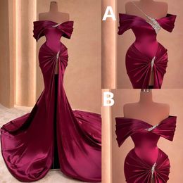 Formal Plum Mermaid Prom Dresses For Women Satin Crystal Strapless Sleevelss Pleat Sexy Evening Party Gowns Robe De Mariage