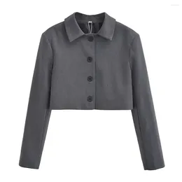 Women's Suits Grey Crop Blazer Jacket For Women Formal Lapel Blazers Coat Office Lady Long Sleeve Shoulder Pads Outwear Mujer
