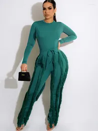 Women's Two Piece Pants Solid Sporty Casual Outfits For Women 2 Set Long Sleeve O-neck Bodysuit Top And Tassel Suit Tracksuit Matching Sets