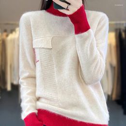 Women's Sweaters Merino Wool Turtleneck Knitted Sweater Women Tops Autumn Winter Patchwork Mock Pocket Casual Oversize Loose Warm Pullover