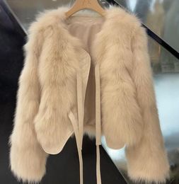 2024 New Women's Leather and fur Faux fox fur grass coat women's short Korean version versatile tie up thick top