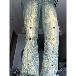 Women's Jeans American style jeans washed old tattoo jeans rivet bootcut trousers men and women couple high waist denim trousers baggy jeanszln231201