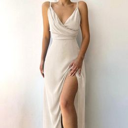 Casual Dresses Solid Colour Spaghetti Strap Dress Low Cut Deep V Neck Side High Slit Sling Evening Party Birthday Night Club Outfits 2023