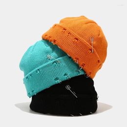 Berets Iron Ring Pin Hole Broken Wool Knitted Hat Men's And Women's Street Hip Hop Melon Skin Trendy Landlord