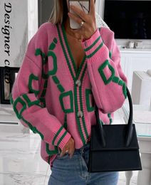 Women Cardigan Green Striped Pink Knit Button Lady Cardigans Sweaters Vneck Loose Casual Winter Fashion Knitted Coat7370529