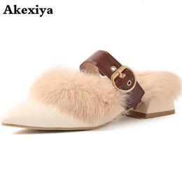 Slippers Real Fur Slippers Shoes Woman Mules Women's Furry Slippers Winter Warm Women Shoes Fashion Slippers Rabbit Hair 231130