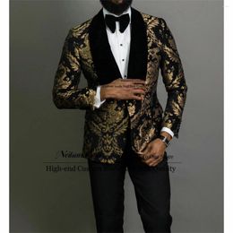 Men's Suits Fashion Golden Jacquard Male Prom Blazers Shawl Lapel Men 2 Pieces Sets Groom Wedding Tuxedos Slim Fit Terno Masculino