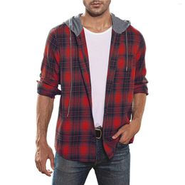 Men's Casual Shirts Plaid Print Shirt Hooded Drawstring Blouse Long Sleeve For Men Cardigans Camisas Blusas Autumn Tops 2023