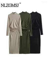 Casual Dresses Nlzgmsj Ruched Bodycon Dress Women Autumn High Neck Long For 2023 Sleeve Midi Elegant Party