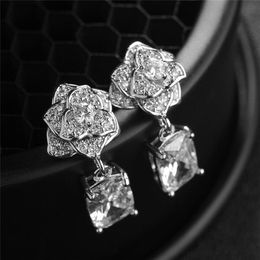 Vecalon lady flower design Dangle earring 5A Zircon Cz White Gold Filled Anniversary wedding Drop Earring for women gift253m