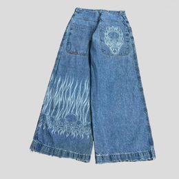 Women's Jeans JNCO Y2K Hip Hop Big Pocket Large Skull Print Baggy Blue Vintage High Waist Denim Pants Men's Wide Leg