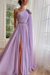 Party Dresses Lilac Chiffon Evening With Split For Women Long Purple Appliques One Shoulder Prom Dress Musilm Vestidos De Coquetel