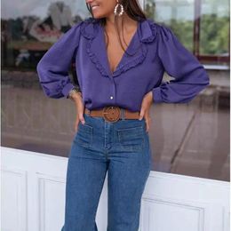 Women's Blouses Shirt Button Ruffles Suit Single Breasted Loose Casual Female Top Purple Fashion Woman Tops Lapel Women Clothing