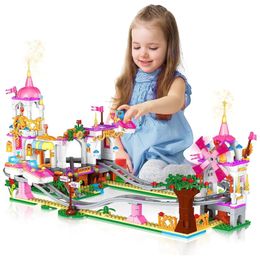 Christmas Toy Supplies Roller Coaster Building Kit 711Pcs Amusement Park Building Block Kit Princess Playground Park Pink Toy Christmas Gift for Girls 231129