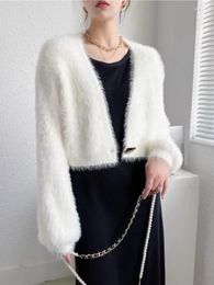 Women's Knits Winter Women Casual Knitted Cardigan 2023 Korean Style White One Button Sexy Faux Fur Elegant Thick Warm Coat Jacket