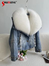 Women s Fur Faux European Oversized Warm Collar Detachable Denim Coat Women Parka 2023 Winter Thickened Short Down Jacket 231201