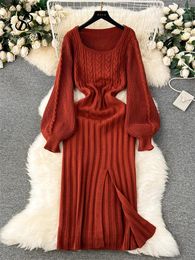 Casual Dresses SINGREINY Autumn Hollow Out Warm Knitted Dress 2023 Squre Neck Lantern Sleeves Fashion Women Thick Split Sweater Long