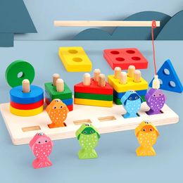 Learning Toys 2 in 1 Montessori Wooden Building Block Wood Shape Puzzle Board Magnetic Fishing Game Educational for Children 231201