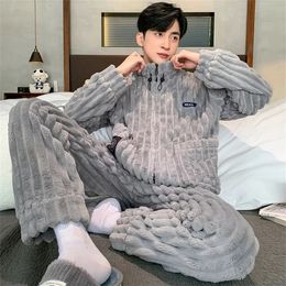 Men's Sleepwear Coral Fleece Men Winter Warm Pajamas Sets Stand Collar Fluffy Coat Long Pants for Sleeping 2 Pieces Loungwear 231130