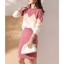 Work Dresses French Celebrity Fashion Knit Outfits Women's 2023 Autumn/Winter Color Matching Loose Slim Sweater Wrap Hip Skirt Two Piece Set