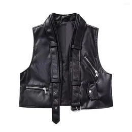 Women's Vests Woman Cropped Faux Leather Vest Vintage Black Sleeveless Jacket Waistcoat Streetwear Woman's Moto Biker Zipper