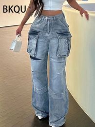 Женские джинсы BKQU, синие брюки-карго с большими карманами, мода 2023 года в стиле ретро, свободные мешковатые мешковатые мешковатые модели с прямой талией 231201