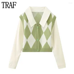 Women's Knits 2023 Argyle Cardigan Woman Green Cropped Cardigans For Women Knitted Short Sweaters Long Sleeve