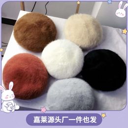 Upgraded Rabbit Thickened Three-dimensional Female Mink Fur Painter Hat, Trendy Solid Colour Plush Bud Hat