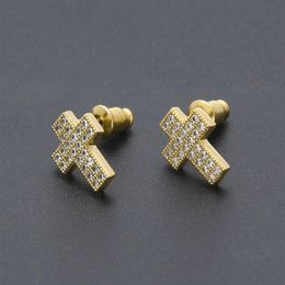 Mens Hip Hop Stud Earrings Jewellery High Quality Fashion Gold Silver Zircon Cross Earring For Men220G