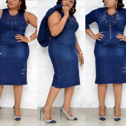 Partykleider Afrikanische Damenmode Jeans Kleid 2 Stück Sets Diamons Elegante hochwertige Büroarbeitskleidung Denim Outfits Tuch