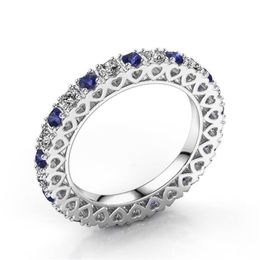 Classical New Unique Fashion Jewelry 925 Sterling Silver White&Blue Sapphire CZ Diamond Gemstones Heart Hollow Women Wedding Band 2424