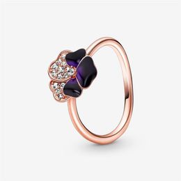 100% 925 Sterling Silver Deep Purple Pansy Flower Ring For Women Wedding Rings Fashion Engagement Jewellery Accessories246h