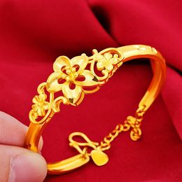 Cuff Bangle With Flower Pattern Design 18k Yellow Gold Filled Engagement Bridal Women Bracelet Gift275S