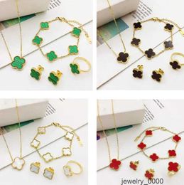 Double Sided 4 Four Leaf Clover Luxury Designer Jewelry Sets Fashion Women Bracelet Earrings Necklace Ring 4pcs/set Valentine's Day Birthday Gift NO Fade JIYM