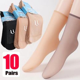 Women Socks 20pcs 10pairs Transparent Non-slip Silk Sock Summer Soft Ultra-thin Breathable Ladies Velvet Crystal