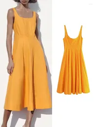 Casual Dresses Elegant Summer Solid Long Dress For Women 2023 Sexy Square Collar Vestidos Sleeveless Mid-Calf Outwear